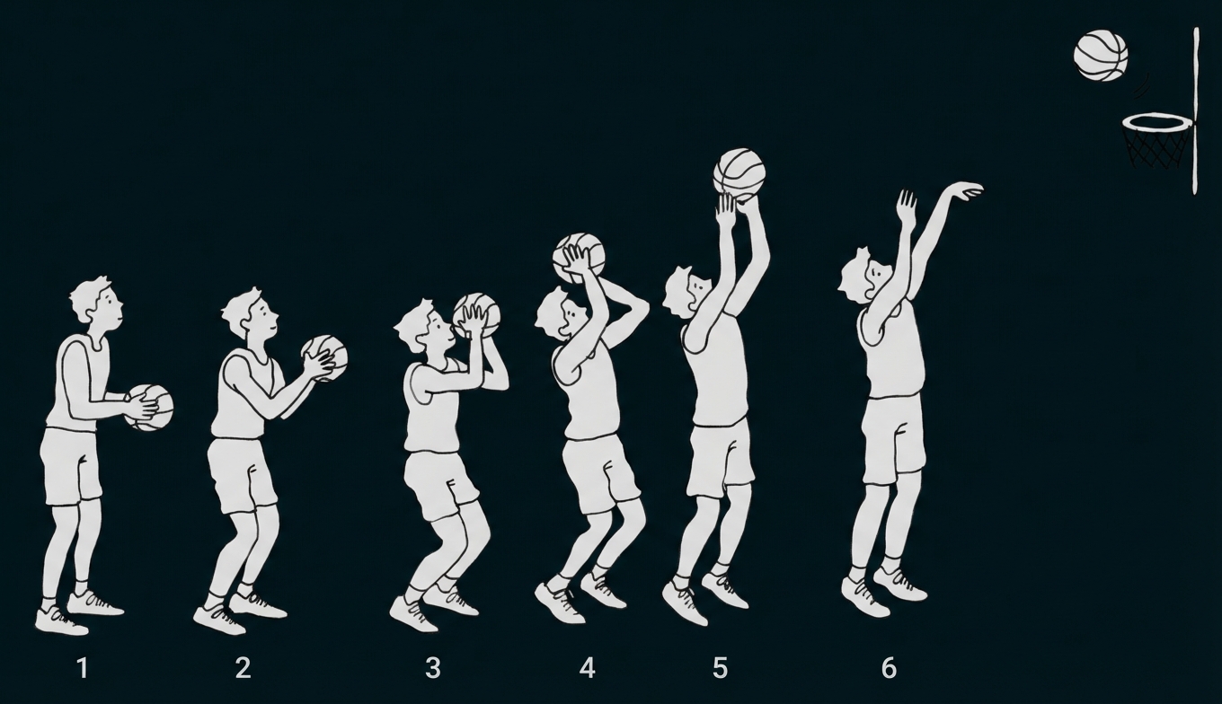 Sechs Illustrationen eines Basketballspielers beim Korbwurf von Vorbereitung bis Abschluss.